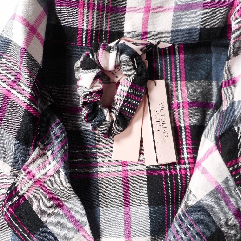 NWT Victoria Secret Flannel Pajama Set XXL 3pc Lounge Black Gray Hot Pink Plaid - Picture 4 of 15